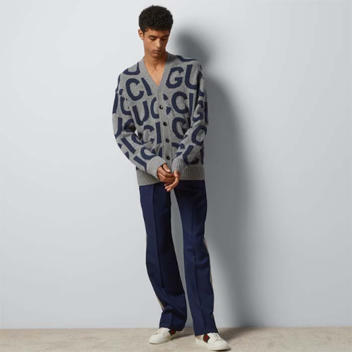 G*u*i men gg cardigan G*u*i intarsia grey wool blue v-neck dropped shoulder long sleeves two pockets
