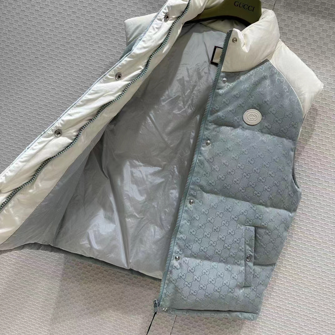 G*u*i men gg cotton canvas padded vest blue lined high neck sleeveless two side pockets