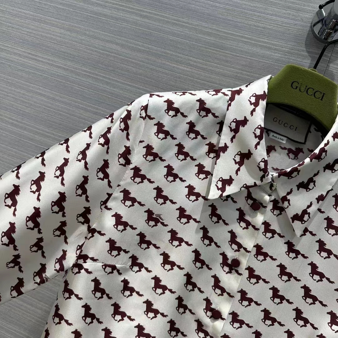 G*u*i women gg diagonal horses print silk shirt point collar long sleeves
