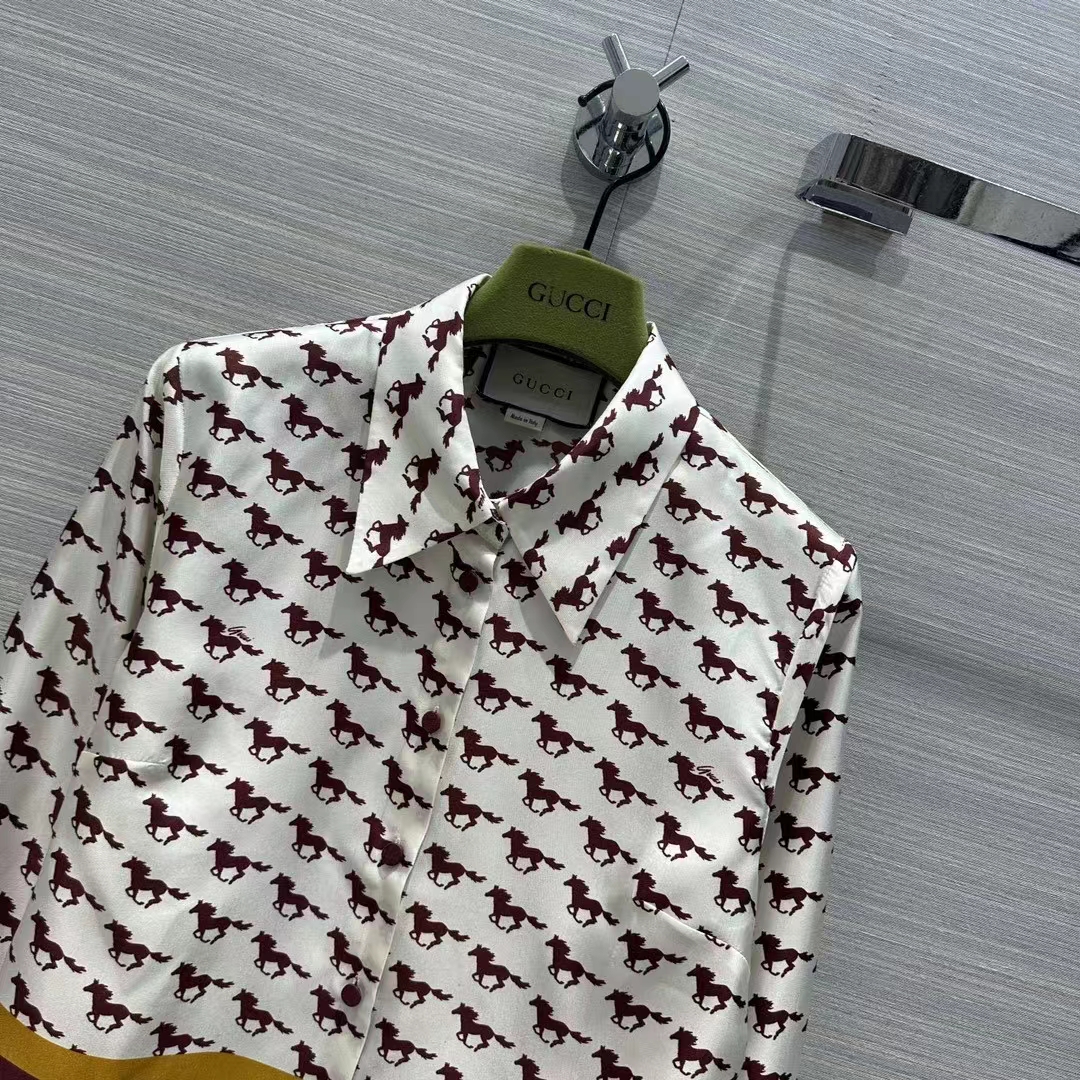G*u*i women gg diagonal horses print silk shirt point collar long sleeves