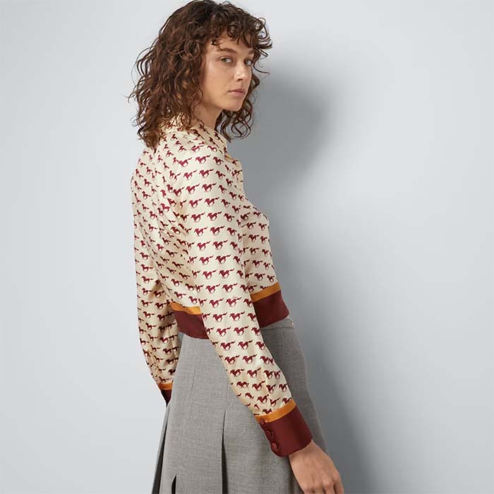G*u*i women gg diagonal horses print silk shirt point collar long sleeves