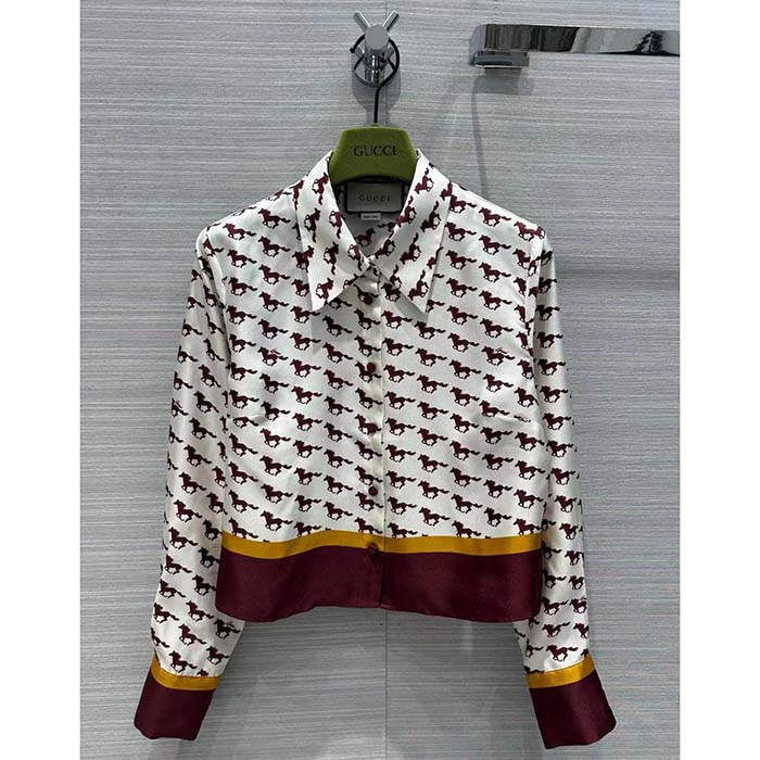 G*u*i women gg diagonal horses print silk shirt point collar long sleeves