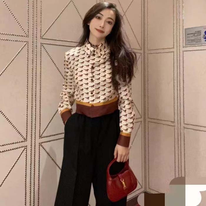 G*u*i women gg diagonal horses print silk shirt point collar long sleeves