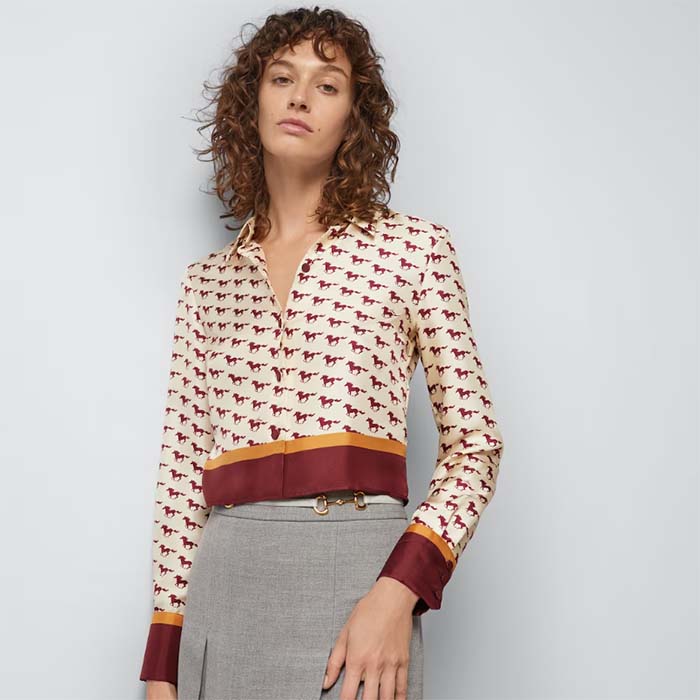 G*u*i women gg diagonal horses print silk shirt point collar long sleeves
