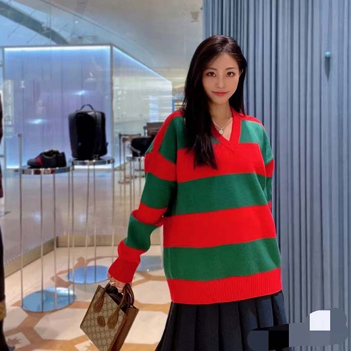 G*u*i women gg felted wool striped sweater v-neck dropped shoulder long sleeves