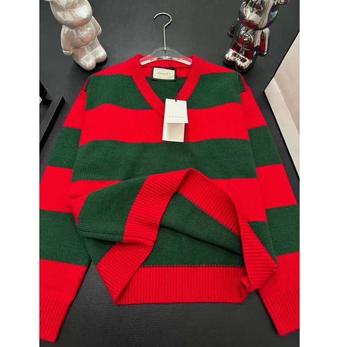 G*u*i women gg felted wool striped sweater v-neck dropped shoulder long sleeves