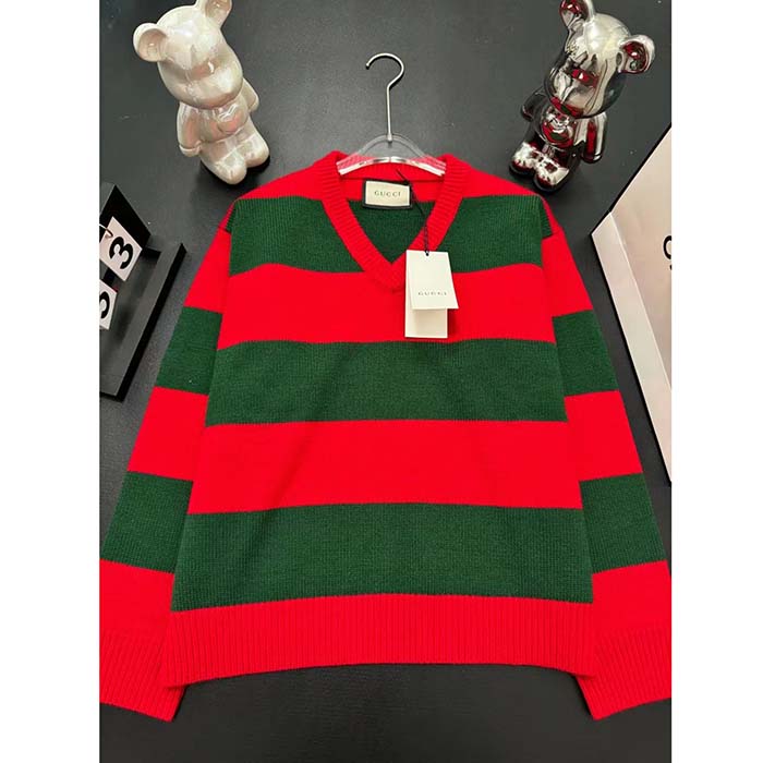 G*u*i women gg felted wool striped sweater v-neck dropped shoulder long sleeves