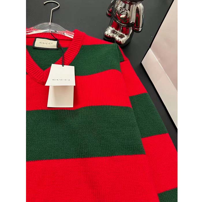 G*u*i women gg felted wool striped sweater v-neck dropped shoulder long sleeves