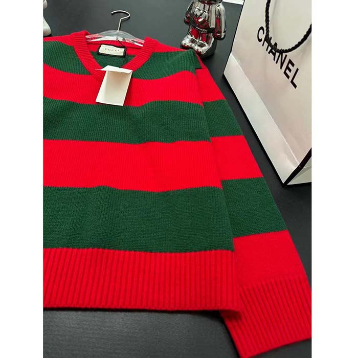G*u*i women gg felted wool striped sweater v-neck dropped shoulder long sleeves