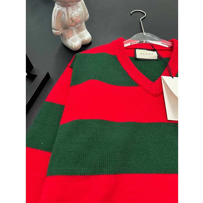 G*u*i women gg felted wool striped sweater v-neck dropped shoulder long sleeves