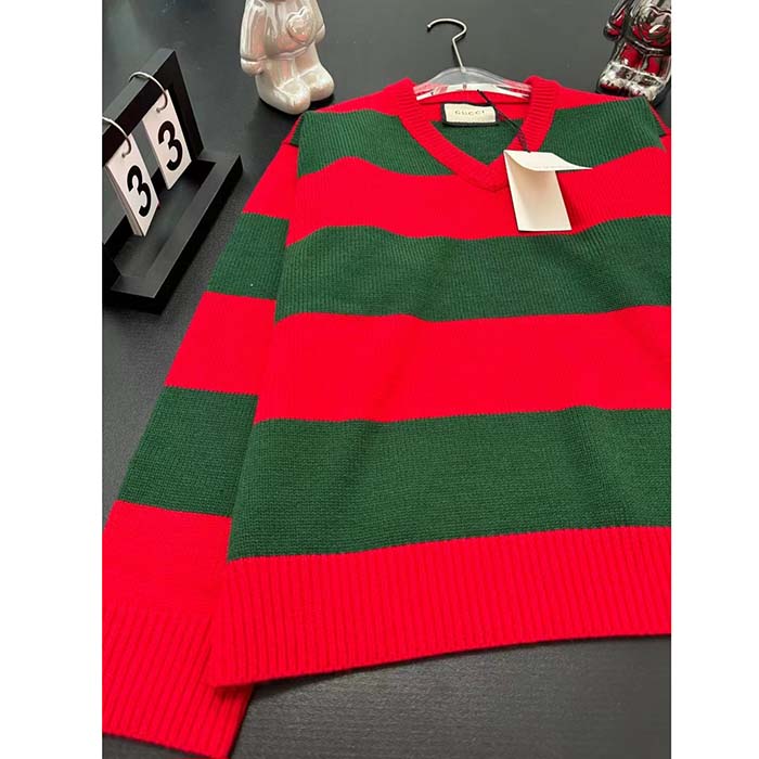 G*u*i women gg felted wool striped sweater v-neck dropped shoulder long sleeves
