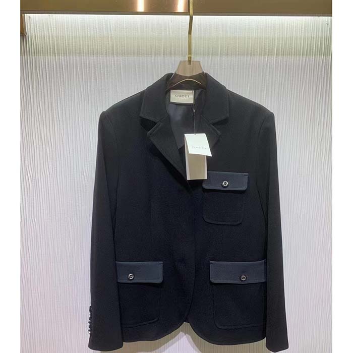 G*u*i men gg fine wool crêpe jacket black satin unlined notch lapel three front pockets