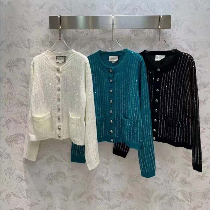 G*u*i women gg mohair silk cardigan teal blend sequin embroidery crewneck long sleeves