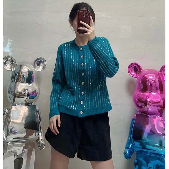 G*u*i women gg mohair silk cardigan teal blend sequin embroidery crewneck long sleeves