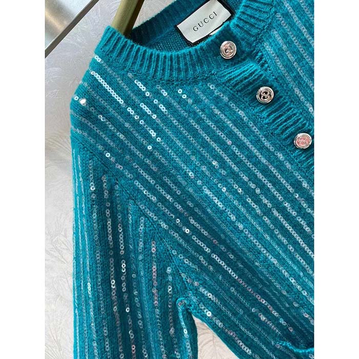 G*u*i women gg mohair silk cardigan teal blend sequin embroidery crewneck long sleeves