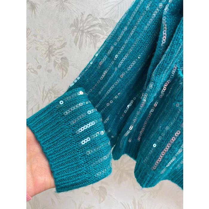 G*u*i women gg mohair silk cardigan teal blend sequin embroidery crewneck long sleeves