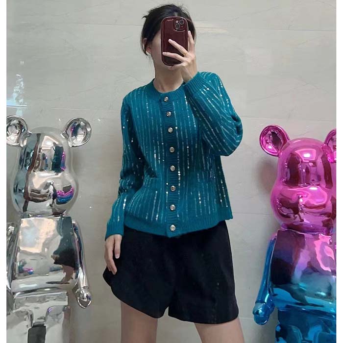 G*u*i women gg mohair silk cardigan teal blend sequin embroidery crewneck long sleeves