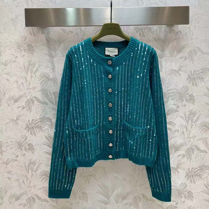 G*u*i women gg mohair silk cardigan teal blend sequin embroidery crewneck long sleeves