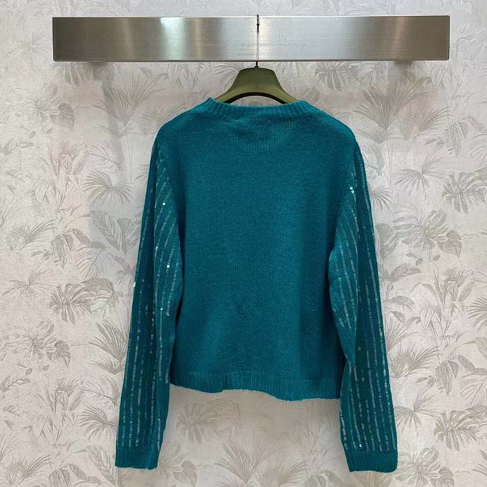G*u*i women gg mohair silk cardigan teal blend sequin embroidery crewneck long sleeves