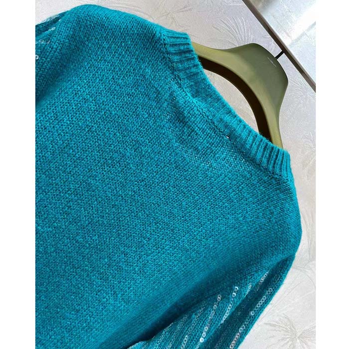 G*u*i women gg mohair silk cardigan teal blend sequin embroidery crewneck long sleeves
