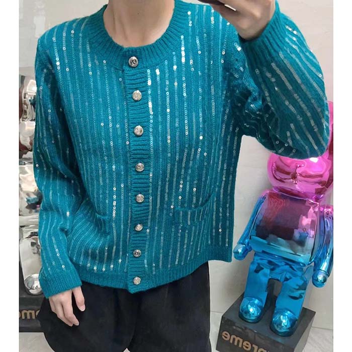 G*u*i women gg mohair silk cardigan teal blend sequin embroidery crewneck long sleeves