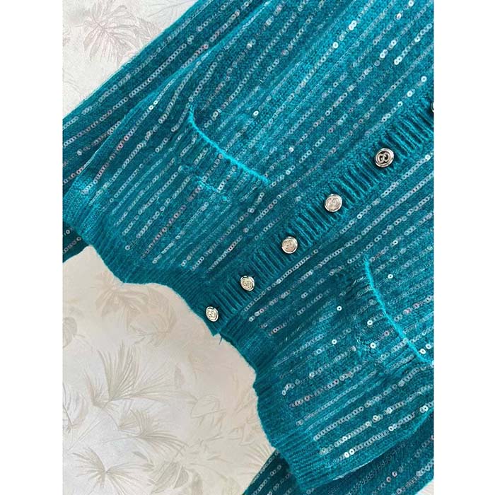 G*u*i women gg mohair silk cardigan teal blend sequin embroidery crewneck long sleeves
