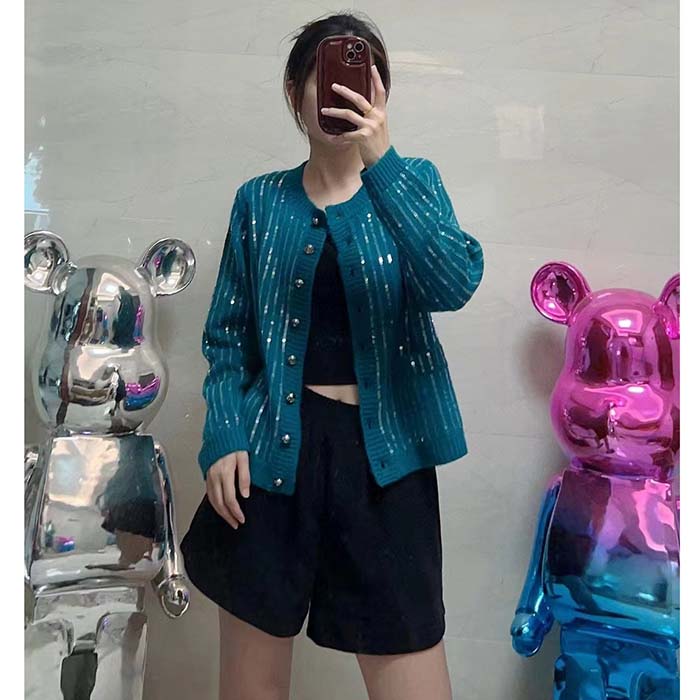 G*u*i women gg mohair silk cardigan teal blend sequin embroidery crewneck long sleeves