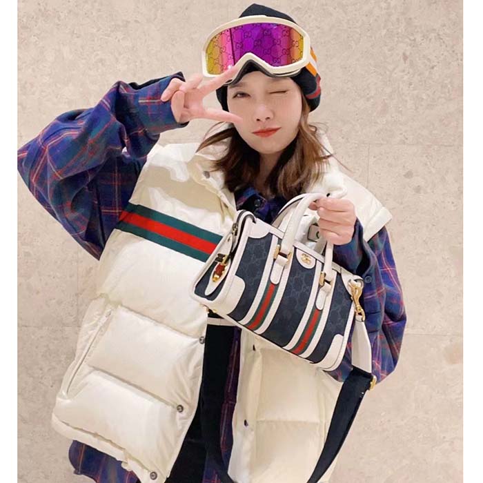 G*u*i women gg padded nylon bomber jacket web white goose down detachable sleeves high neck