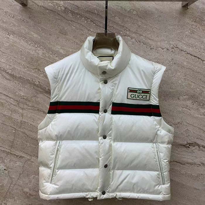 G*u*i women gg padded nylon bomber jacket web white goose down detachable sleeves high neck
