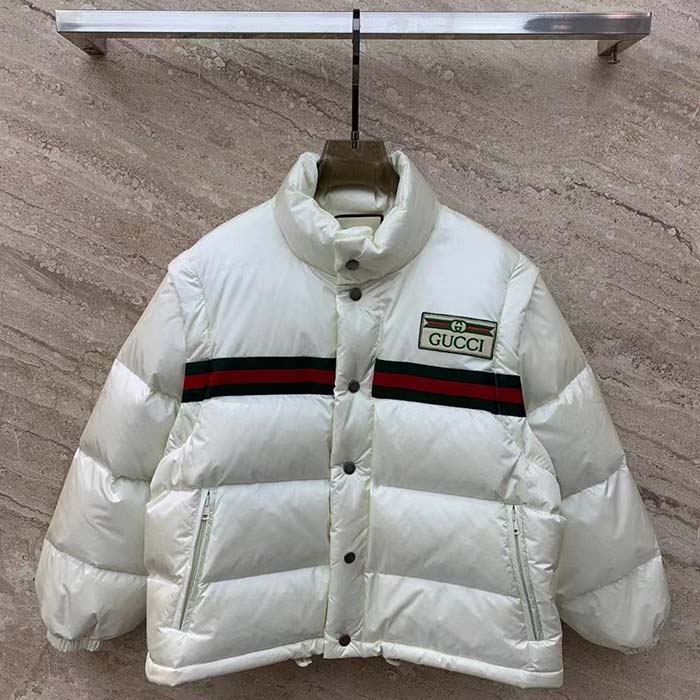 G*u*i women gg padded nylon bomber jacket web white goose down detachable sleeves high neck