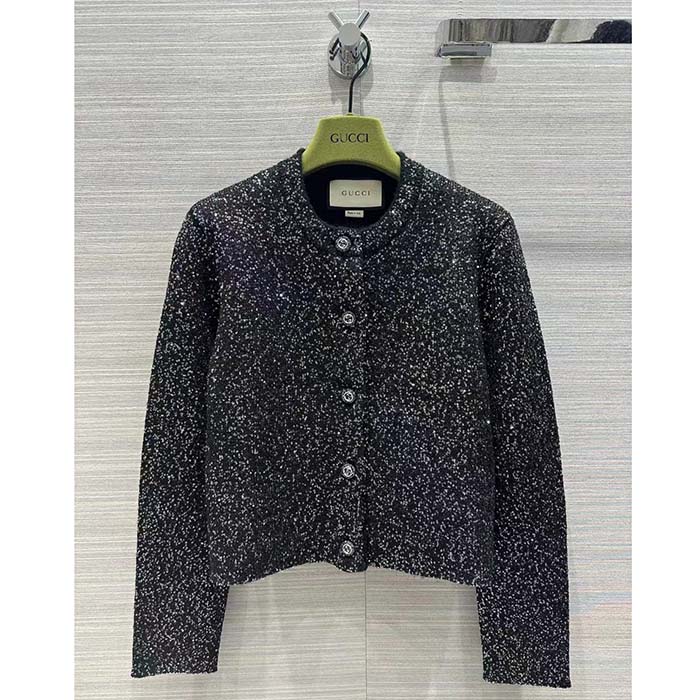 G*u*i women gg viscose knit cardigan blend sequin embroidery silver crewneck long sleeves