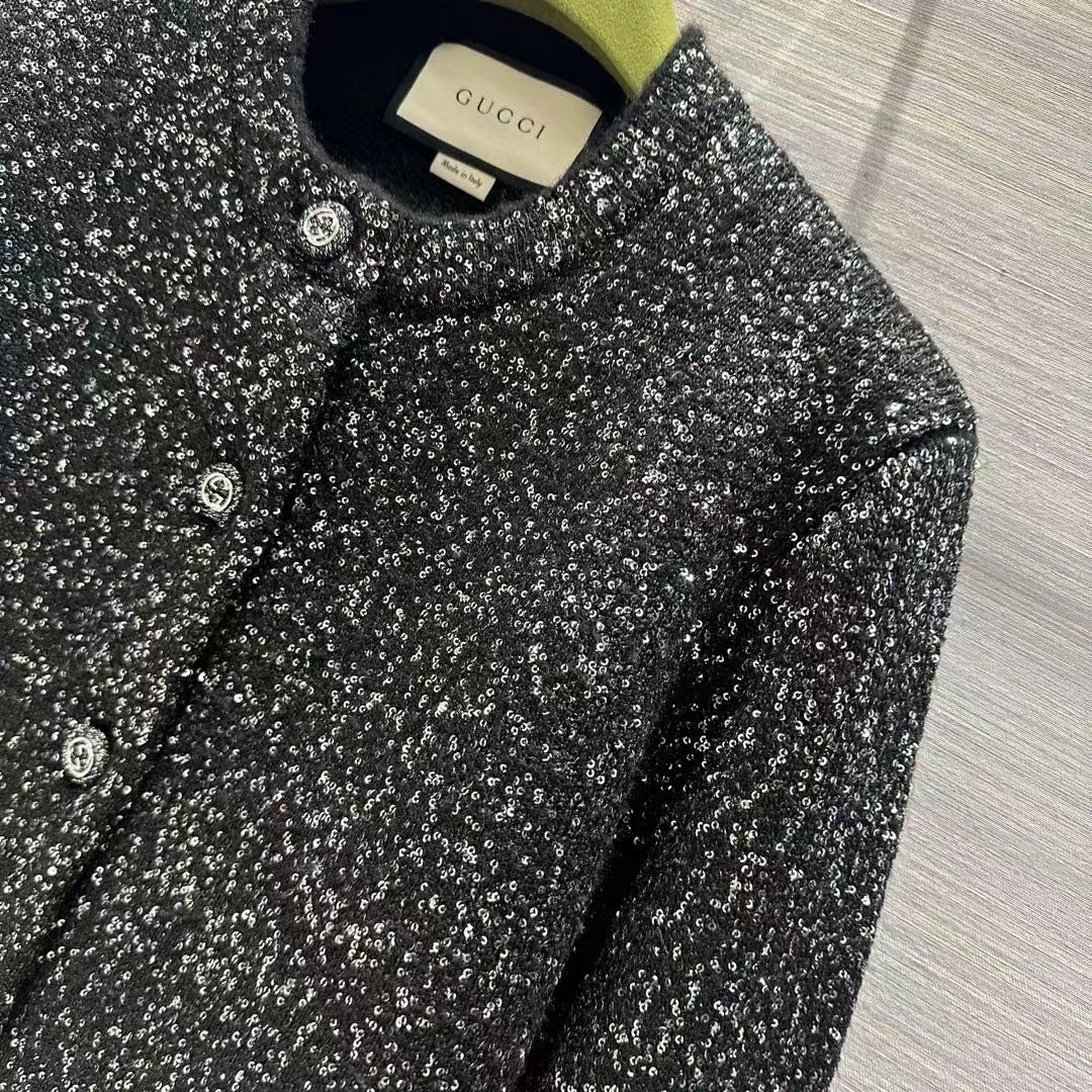 G*u*i women gg viscose knit cardigan blend sequin embroidery silver crewneck long sleeves