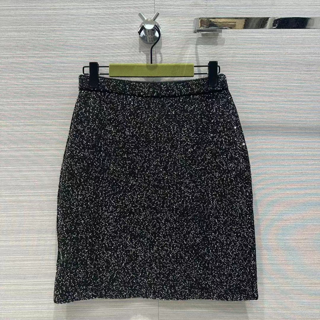 G*u*i women gg viscose knit skirt blend sequin embroidery black silver a-line zip closure