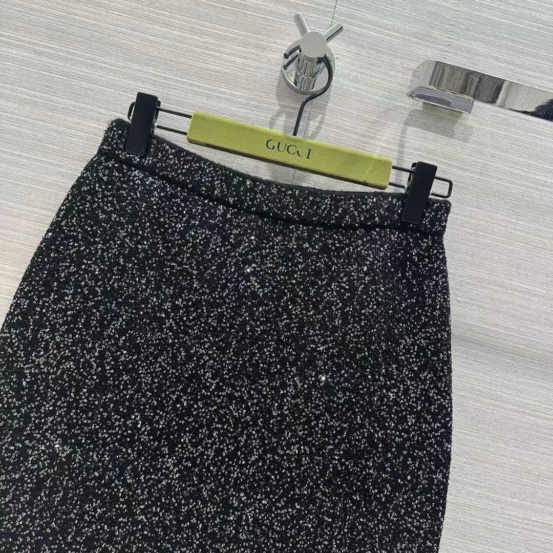 G*u*i women gg viscose knit skirt blend sequin embroidery black silver a-line zip closure