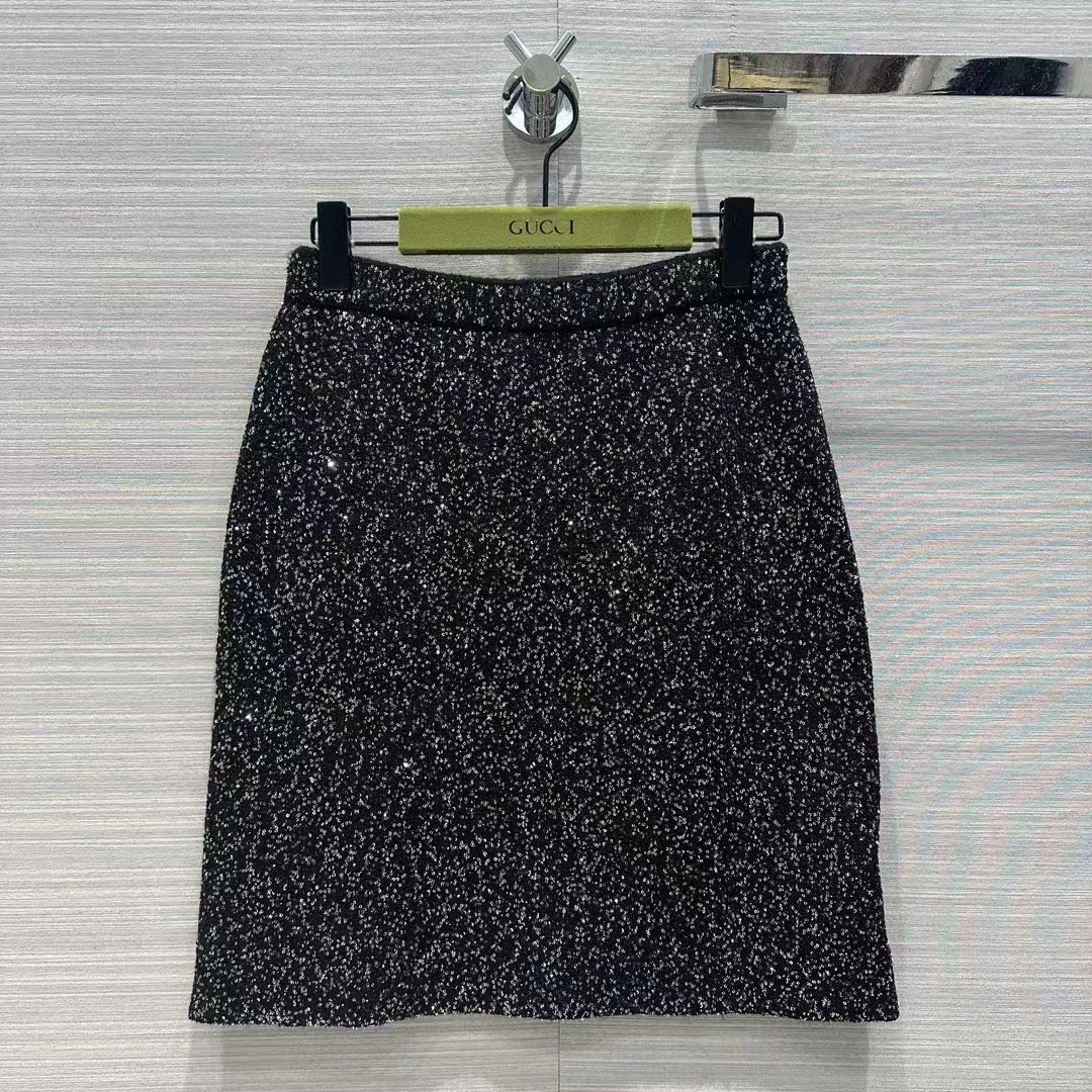 G*u*i women gg viscose knit skirt blend sequin embroidery black silver a-line zip closure