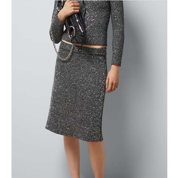 G*u*i women gg viscose knit skirt blend sequin embroidery black silver a-line zip closure