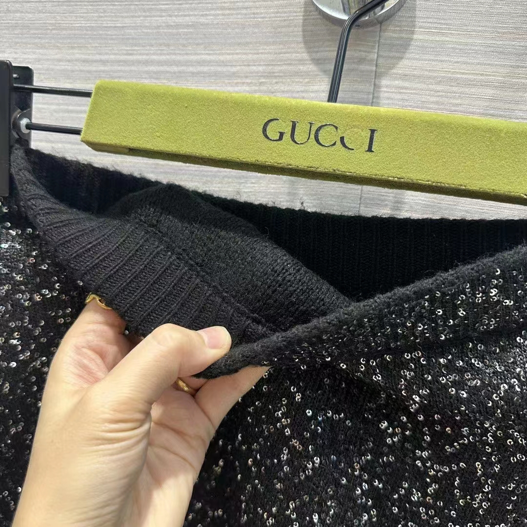 G*u*i women gg viscose knit skirt blend sequin embroidery black silver a-line zip closure