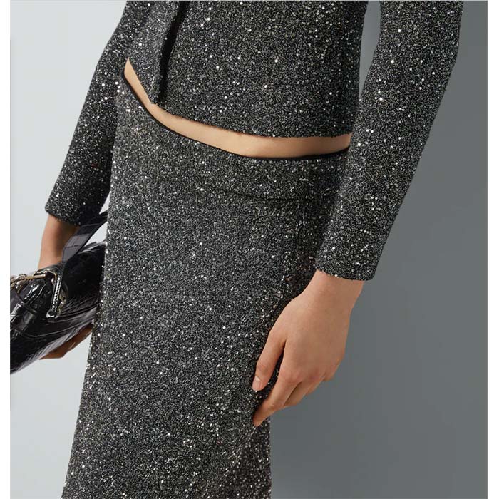 G*u*i women gg viscose knit skirt blend sequin embroidery black silver a-line zip closure