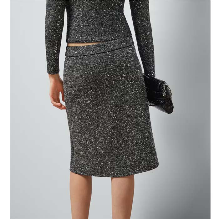 G*u*i women gg viscose knit skirt blend sequin embroidery black silver a-line zip closure