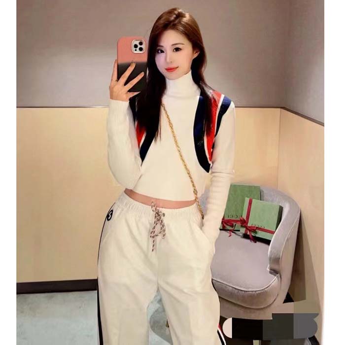 G*u*i women gg viscose knit top ivory high neck long sleeves cropped length