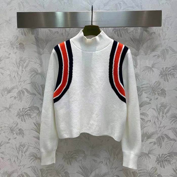 G*u*i women gg viscose knit top ivory high neck long sleeves cropped length