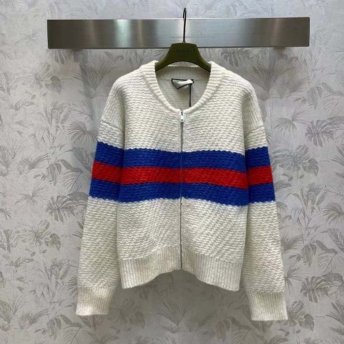 G*u*i men gg wool mohair cardigan web knitted collar dropped shoulder long sleeves
