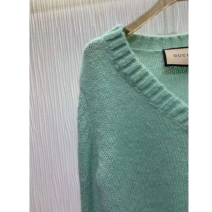 G*u*i women gg wool mohair sweater crystal g blue v-neck dropped shoulder long sleeves