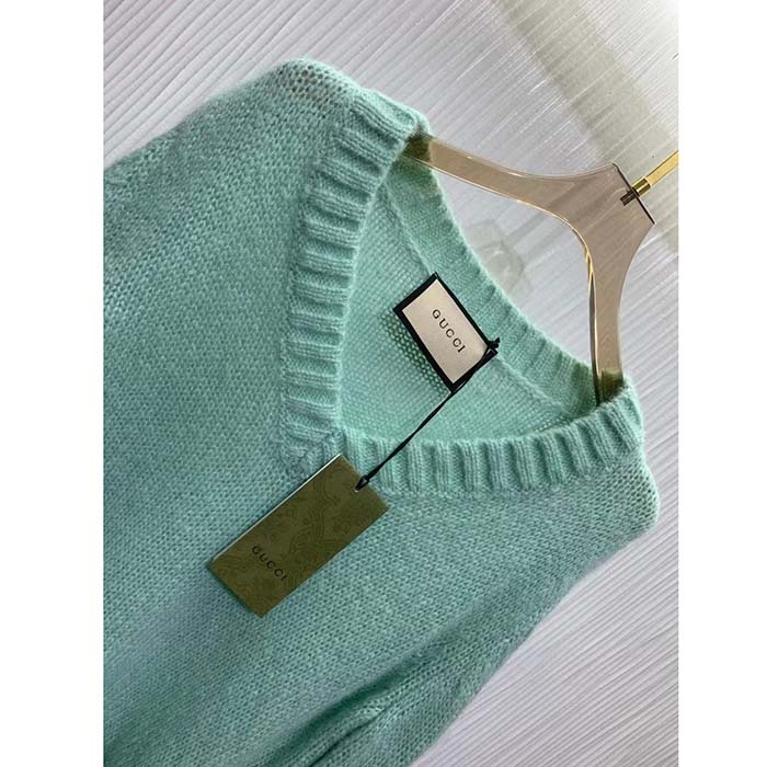 G*u*i women gg wool mohair sweater crystal g blue v-neck dropped shoulder long sleeves