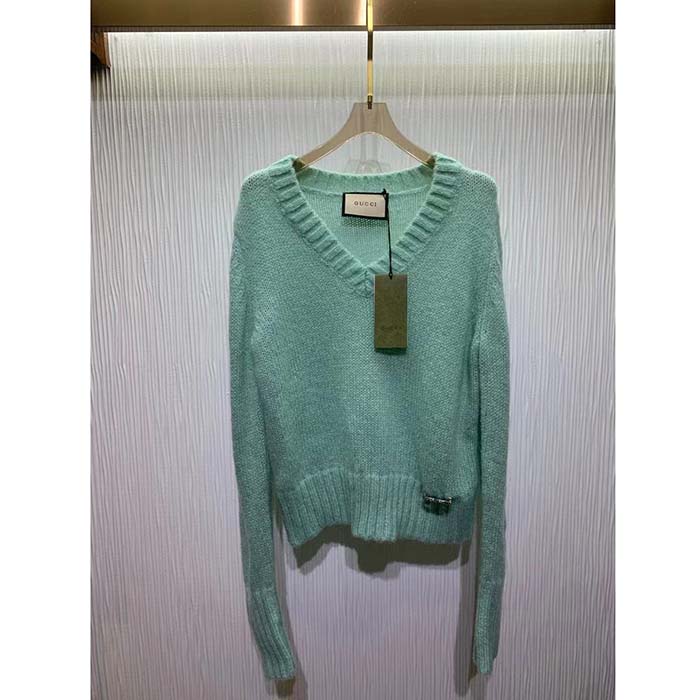 G*u*i women gg wool mohair sweater crystal g blue v-neck dropped shoulder long sleeves