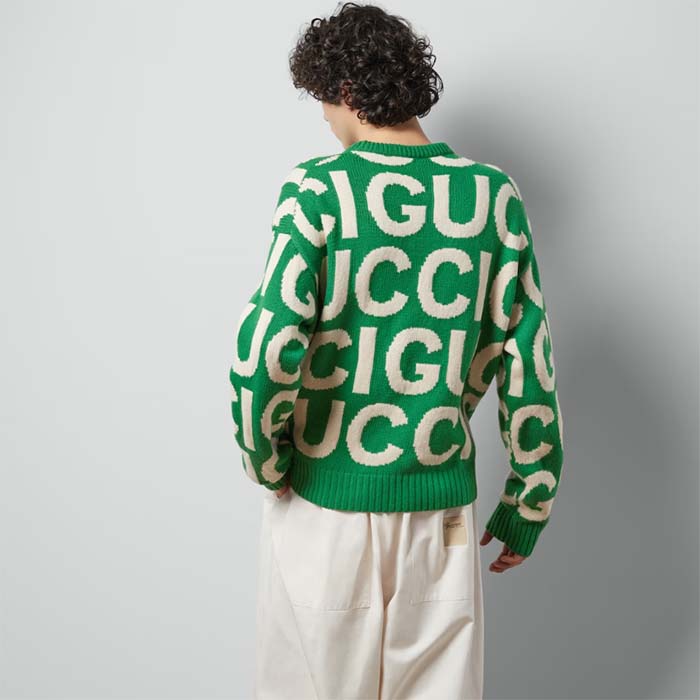G*u*i men gg wool sweater G*u*i intarsia green crewneck dropped shoulder