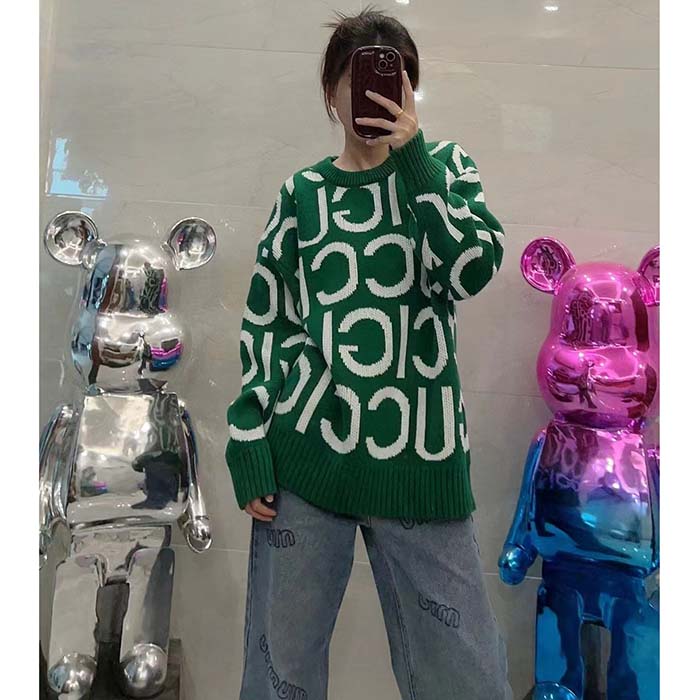 G*u*i women gg wool sweater G*u*i intarsia green crewneck dropped shoulder