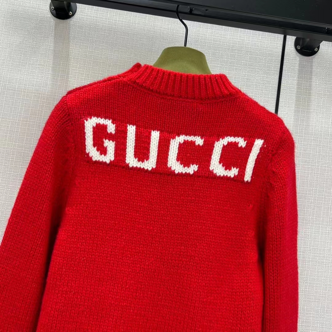 G*u*i women gg wool top G*u*i intarsia red crewneck dropped shoulder long sleeves