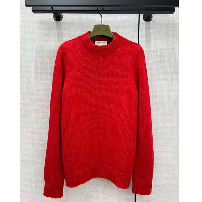 G*u*i women gg wool top G*u*i intarsia red crewneck dropped shoulder long sleeves