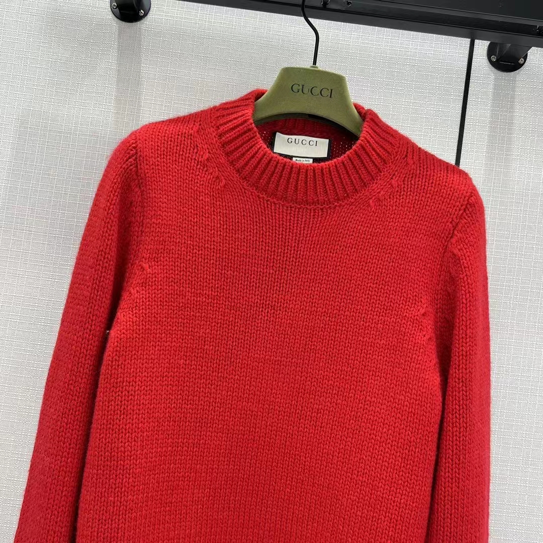 G*u*i women gg wool top G*u*i intarsia red crewneck dropped shoulder long sleeves